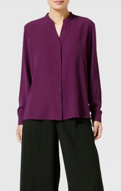 Mandarin Collar Silk Shirt In Sweet Plum