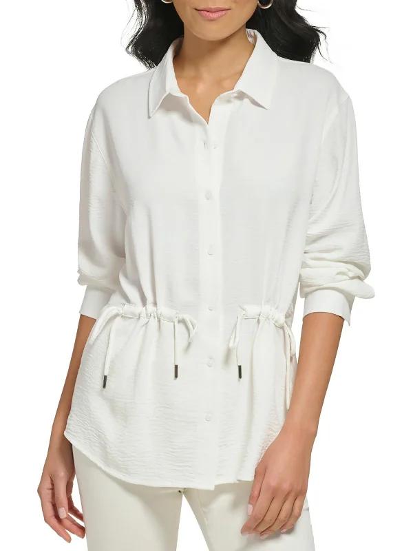 Womens Gathered Detail Collared Button-Down Top