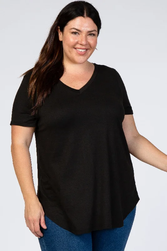 Black V-Neck Short Sleeve Plus Top