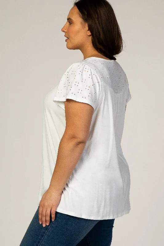 PinkBlush Ivory Eyelet Short Flutter Sleeve Plus Top