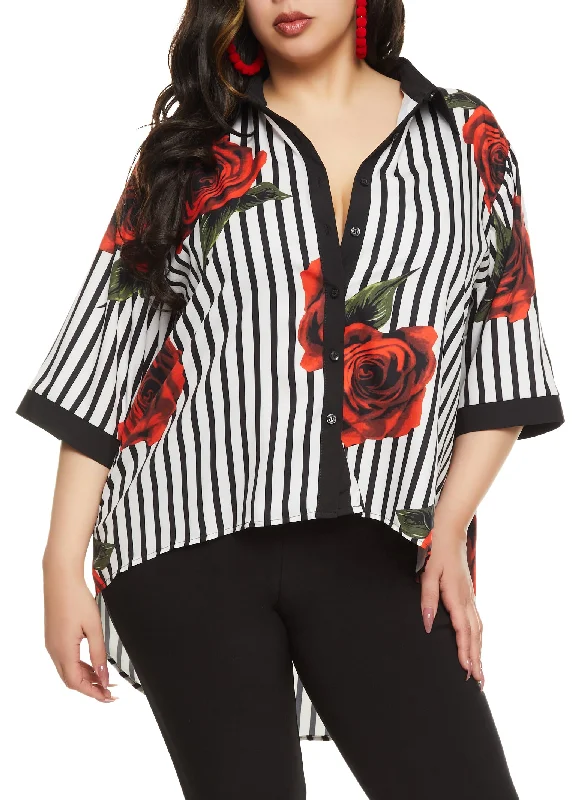 Plus Size Striped Floral Print Button Front Shirt