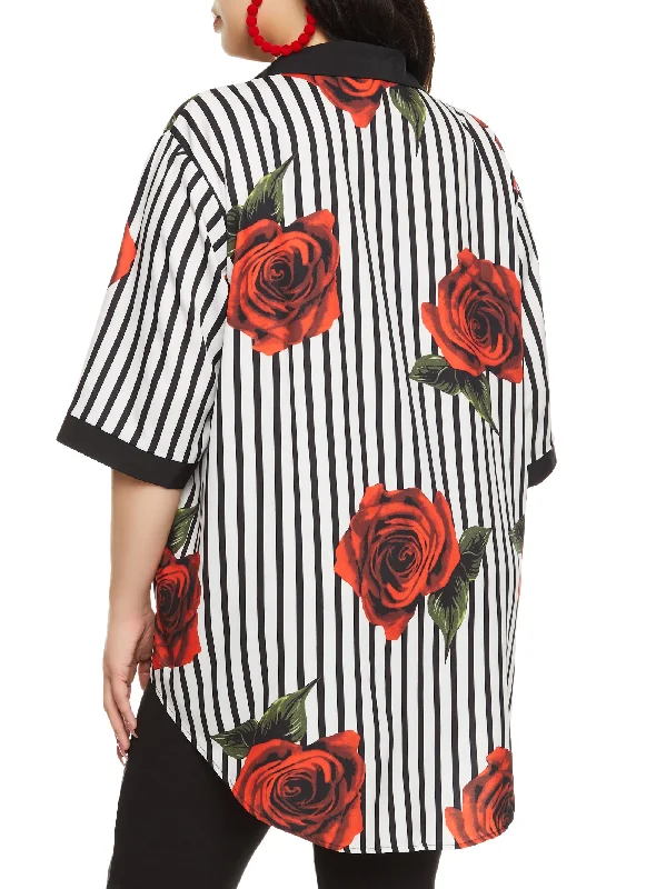 Plus Size Striped Floral Print Button Front Shirt