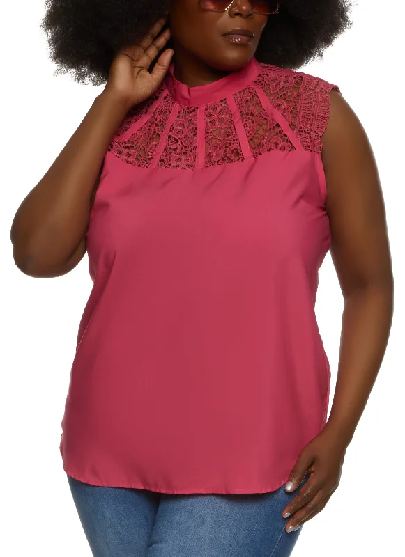 Plus Size Crochet Detail Mock Neck Sleeveless Blouse