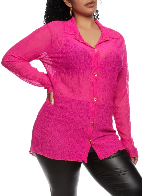 Plus Size Textured Knit Button Front Long Sleeve Shirt