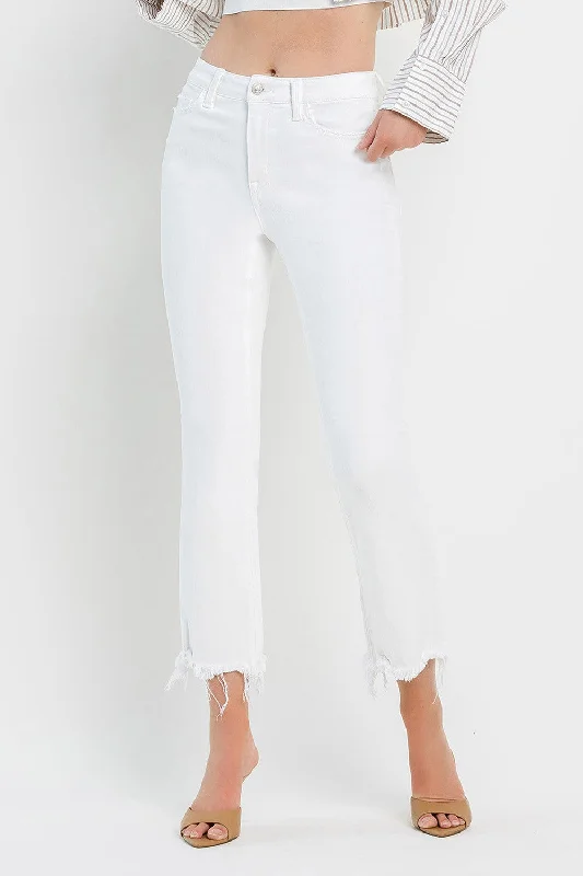 Lovervet | Optic White High Rise Uneven Hem Flare Denim Jeans