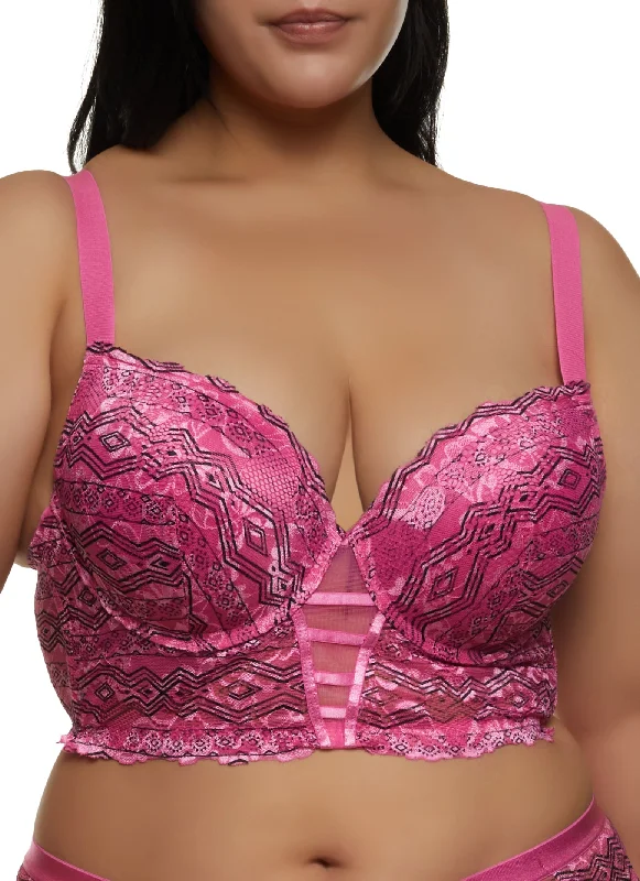 Plus Size Aztec Print Caged Lace Longline Bra