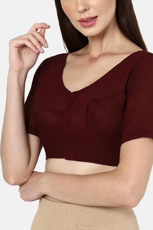 Naidu Hall Non-Wired Non-Padded Cotton Long Sleeve Blouse With Round Neck - Dark Maroon