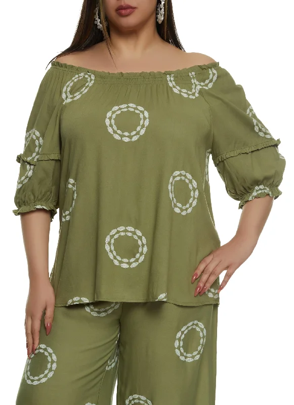 Plus Size Printed Tiered Sleeve Off the Shoulder Top