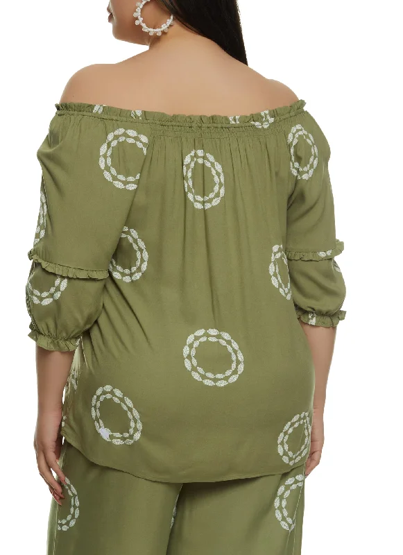 Plus Size Printed Tiered Sleeve Off the Shoulder Top