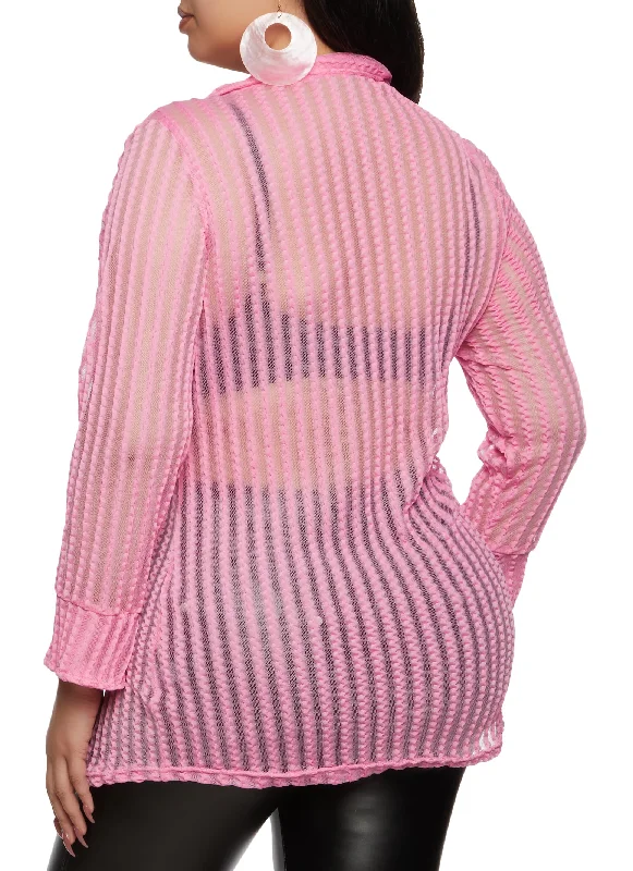 Plus Size Striped Mesh Detail Button Front Shirt