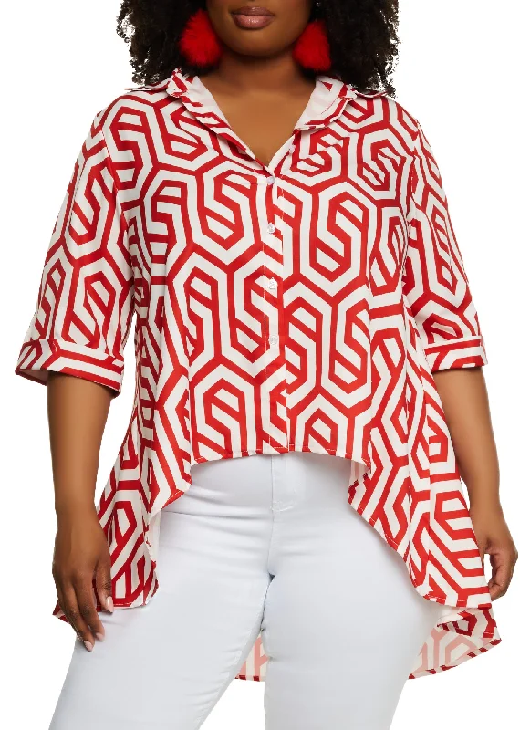 Plus Size Geo Print High Low Shirt