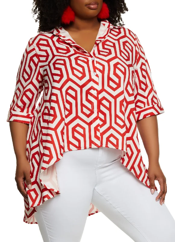 Plus Size Geo Print High Low Shirt