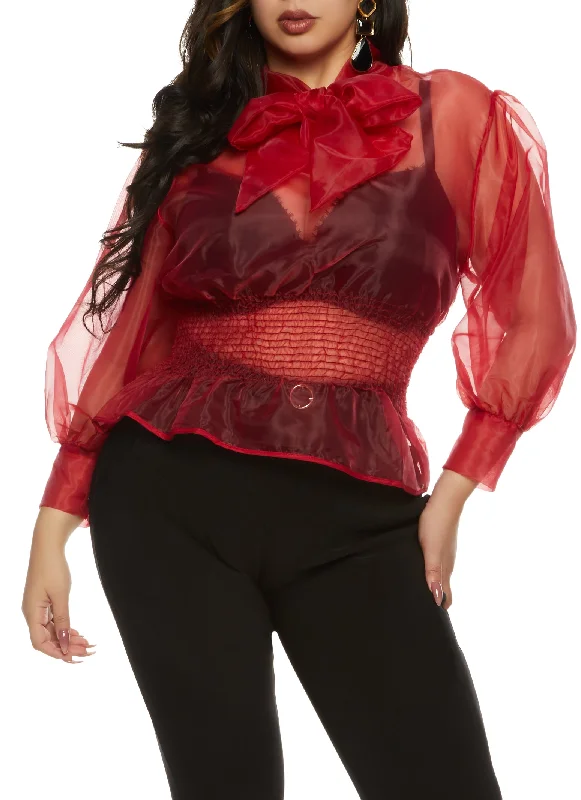 Plus Size Organza Tie Neck Smocked Blouse