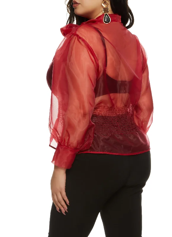 Plus Size Organza Tie Neck Smocked Blouse