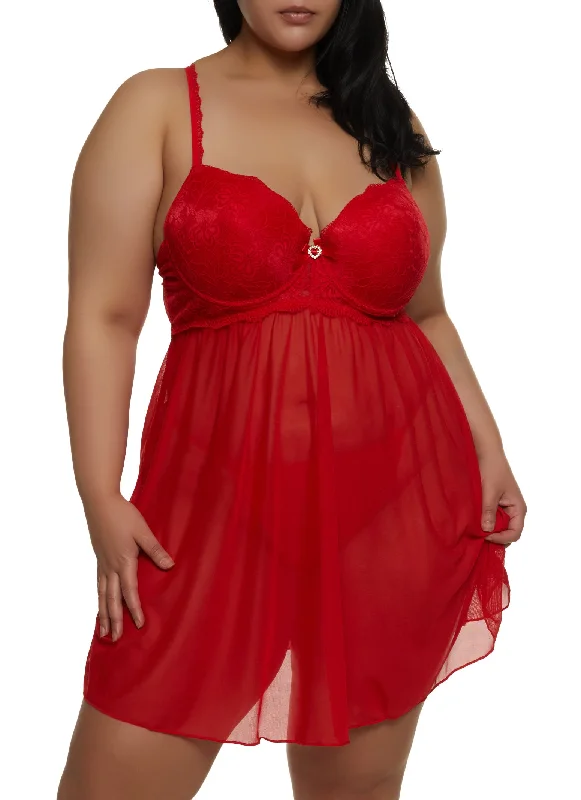 Plus Size Rhinestone Heart Charm Babydoll and G String