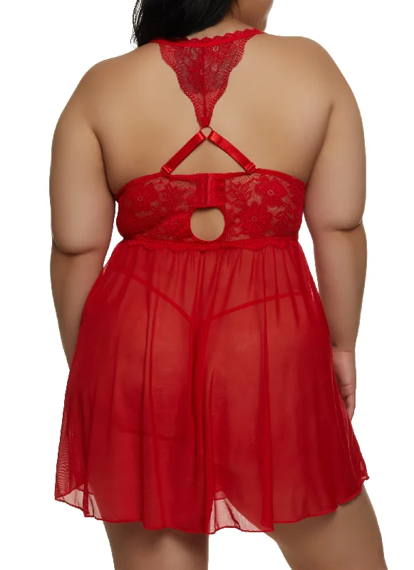 Plus Size Rhinestone Heart Charm Babydoll and G String