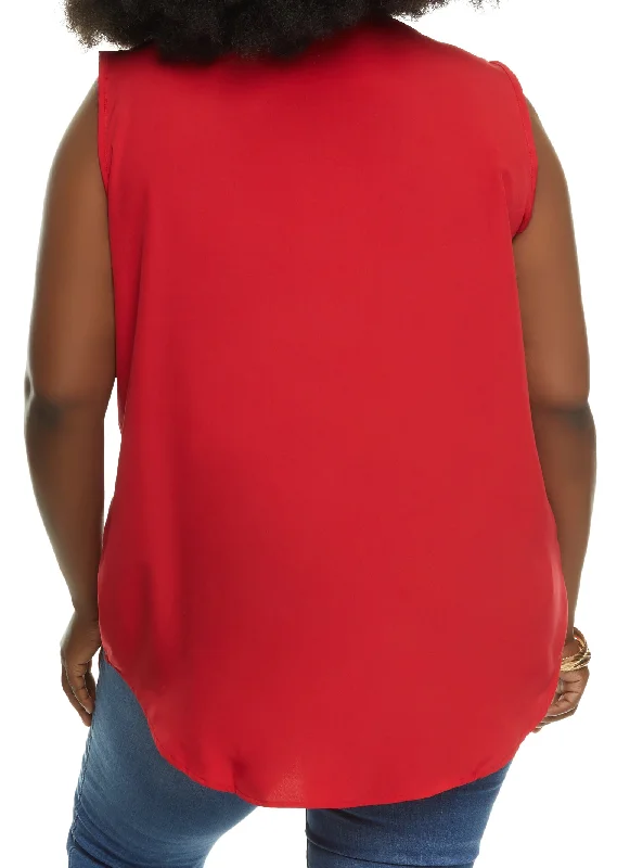 Plus Size Sleeveless Pleated V Neck Blouse