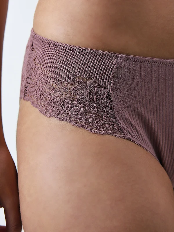 Wunderlove Mauve Floral Lace Design Ribbed Brief