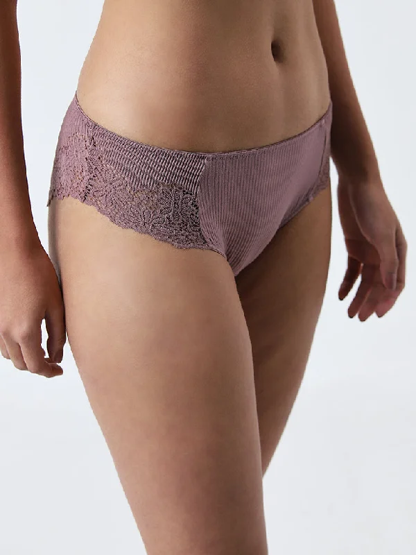 Wunderlove Mauve Floral Lace Design Ribbed Brief