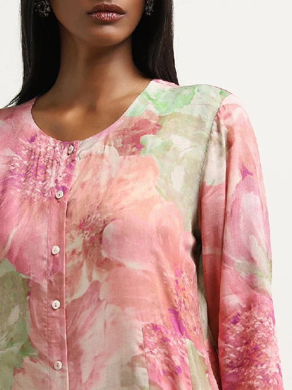 Zuba Pink Floral Design A-Line Kurta